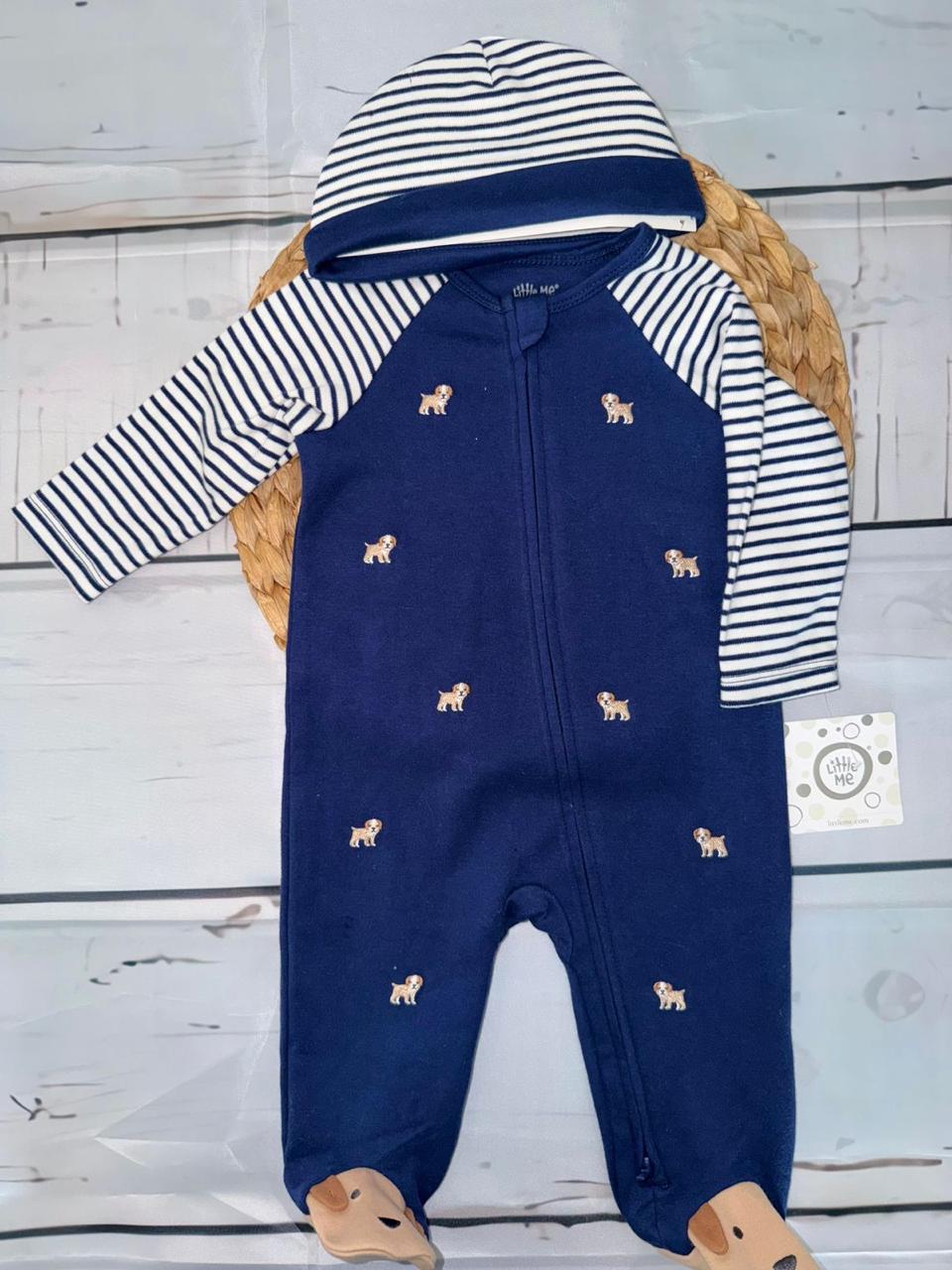 blue overall with a hat